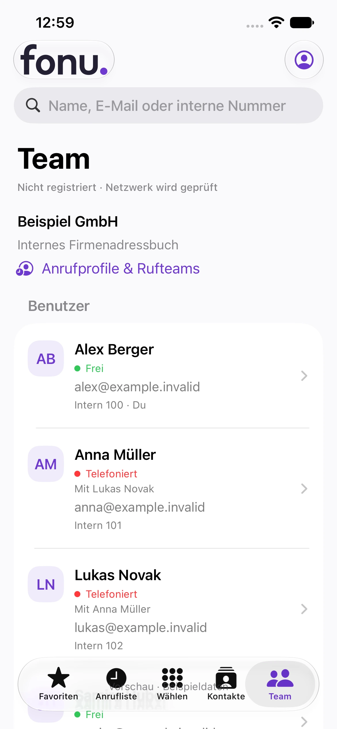 Die fonu-iPhone-App mit Team und Firmenadressbuch · Vorschau mit Beispieldaten