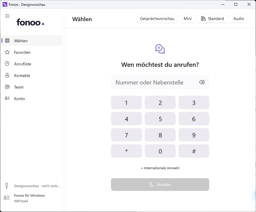 fonu für Windows mit seitlicher Navigation und Wählpad